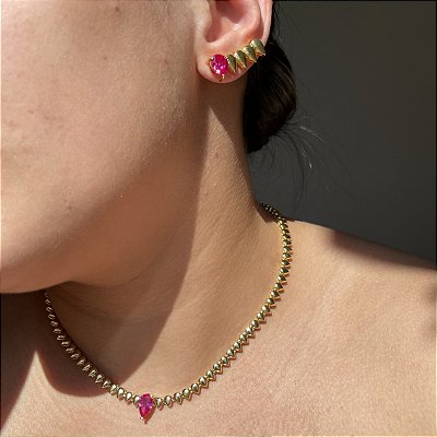 Conjunto Luxo Gotas Safira Rosa Banhado a Ouro