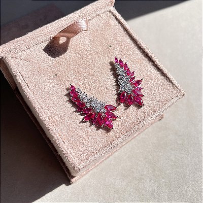 Brinco Luxo Ear Cuff Safira Rosa Banhado a Ródio Branco