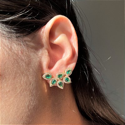Brinco Ear Cuff Shine Gotas Esmeralda Banhado a Ouro