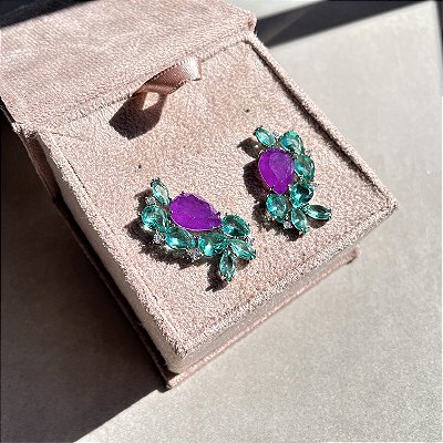 Brinco Ear Cuff Gota Turmalina e Ultraviolet Fusion Banhado a Ródio Branco