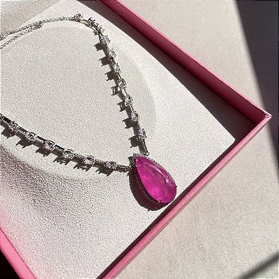 Colar Riviera Maleável Gota Pink Fusion Banhado a Ródio Branco