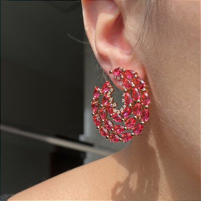 Brinco Argola Frontal Rubi Banhado a Ouro