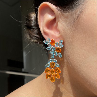 Brinco Luxo Bicolor Azul e Laranja Banhado a Ouro