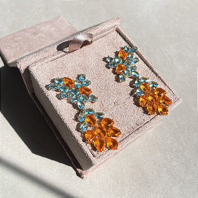 Brinco Luxo Bicolor Azul e Laranja Banhado a Ouro