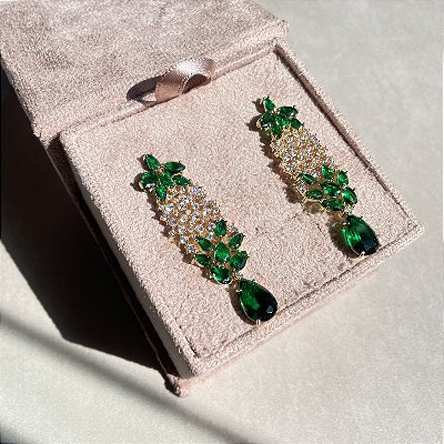Brinco Luxo Flor Esmeralda Banhado a Ouro