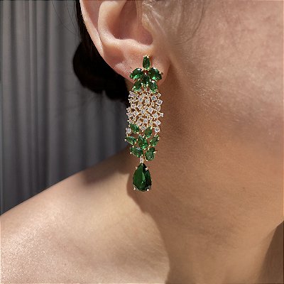 Brinco Luxo Flor Esmeralda Banhado a Ouro