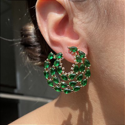 Brinco Argola Frontal Esmeralda Banhado a Ouro