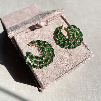 Brinco Argola Frontal Esmeralda Banhado a Ouro