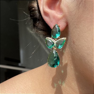 Brinco Leaf Luxo Turmalina Banhado a Ouro