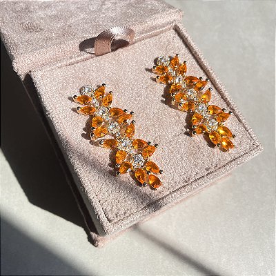 Brinco Leaf Luxo Laranja Banhado a Ouro