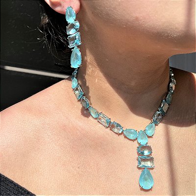 Conjunto Gravata Luxo Aul Acqua Banhado a Ródio Branco