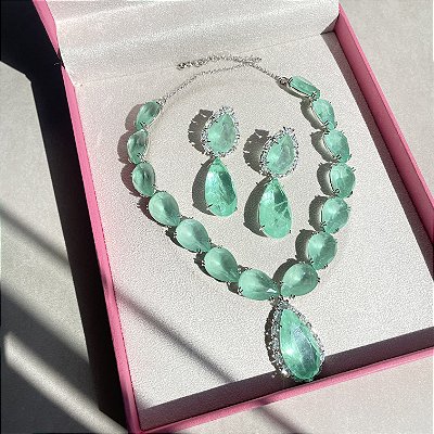Conjunto Luxo Greenery Fusion Banhado a Ródio Branco
