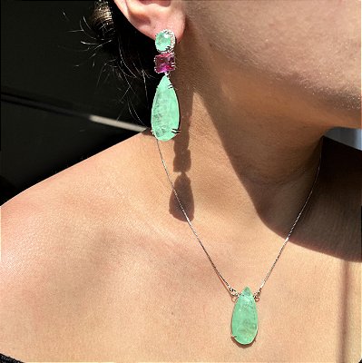 Conjunto Bicolor Safira Rosa e Greenery Fusion Banhado a Ródio Branco