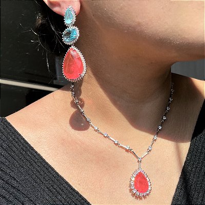 Conjunto Riviera Fio Faca Bicolor Tangerina Fusion e Azul Banhado a Ródio Branco