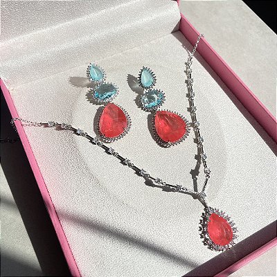 Conjunto Riviera Fio Faca Bicolor Tangerina Fusion e Azul Banhado a Ródio Branco