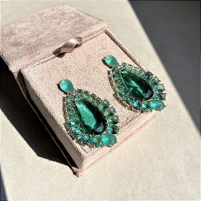 Brinco Gota Luxo Turmalina Translucida Banhado a Ouro