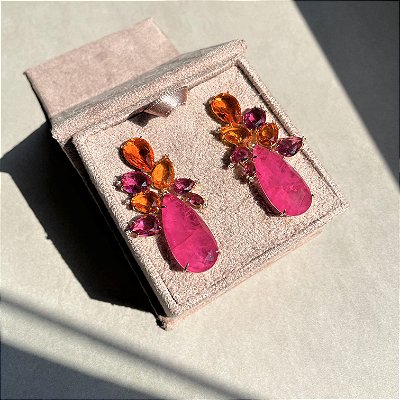 Brinco Luxo Bicolor Laranja, Safira Rosa e Pink Fusion Banhado a Ouro