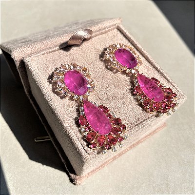 Brinco Luxo Bicolor Light Pink, Safira Rosa e Pink Fusion Banhado a Ouro