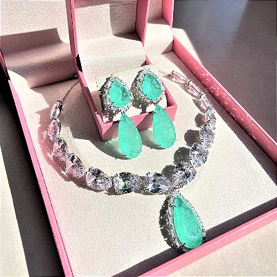 Conjunto Luxo Turmalina Fusion Banhado a Ródio Branco