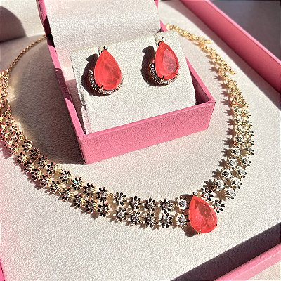 Conjunto Luxo Flowers Tangerina Fusion Banhado a Ouro