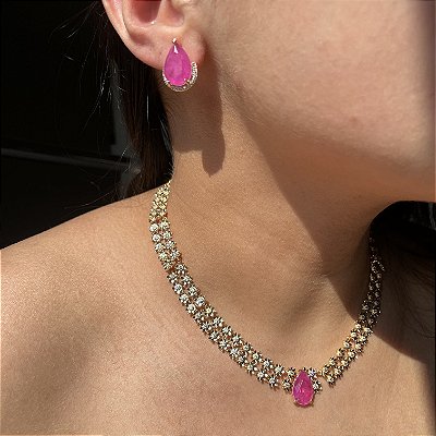 Conjunto Luxo Flowers Pink Fusion Banhado a Ouro