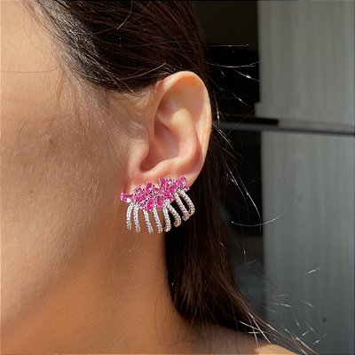Brinco Ear Cuff Luxo Safira Rosa Banhado a Ródio Branco
