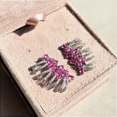 Brinco Ear Cuff Luxo Safira Rosa Banhado a Ródio Branco