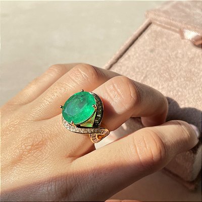 Anel Oval Esmeralda Fusion Banhado a Ouro - Aro 14