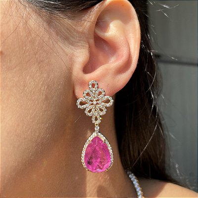 Brinco Arabesco Gota Pink Fusion Banhado a Ouro