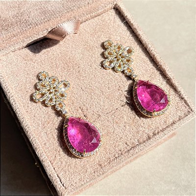 Brinco Arabesco Gota Pink Fusion Banhado a Ouro