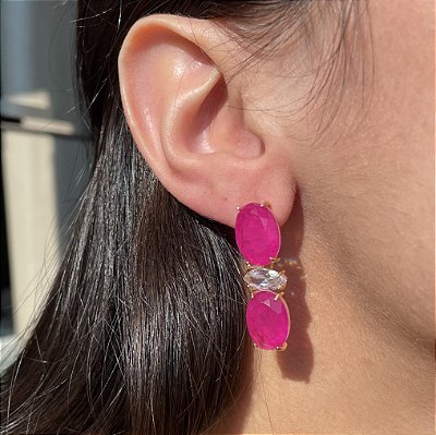 Brinco Oval Pink Fusion Banhado a Ouro