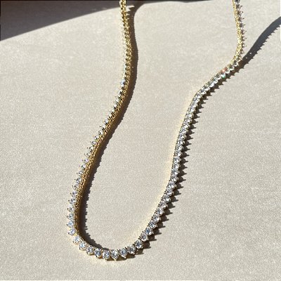 Colar Riviera 3 Garras Trama Rigida 3mm Cristal Banhado a Ouro - 45cm