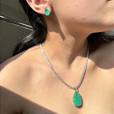 Conjunto Riviera Baguetes Gota Turmalina Fusion Banhado a Ródio Branco