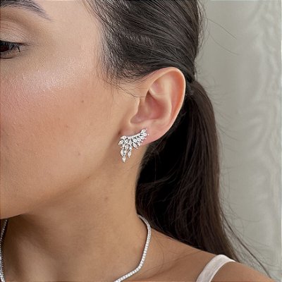 Brinco Ear Cuff Asa Cristal Banhado a Ródio Branco