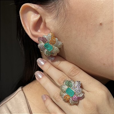 Conjunto Flor Luxo Colorido Turmalina Fusion Banhado a Ouro - Aro 17