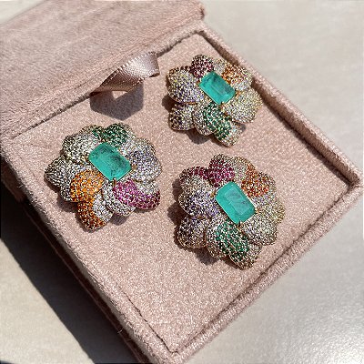 Conjunto Flor Luxo Colorido Turmalina Fusion Banhado a Ouro - Aro 17