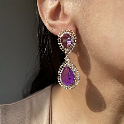 Brinco Luxo Ametista e Ultraviolet Fusion Banhado a Ouro