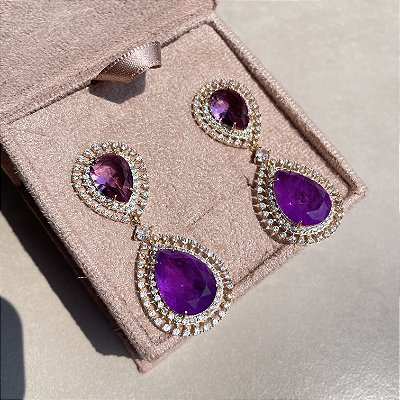 Brinco Luxo Ametista e Ultraviolet Fusion Banhado a Ouro