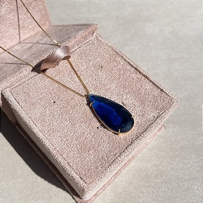 Colar Gota Safira Azul Banhado a Ouro