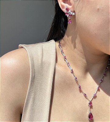 Conjunto Gravata Fio Faca Safira Rosa Banhado a Ródio Branco