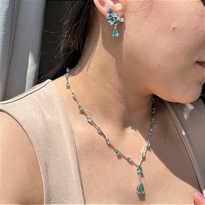 Conjunto Gravata Fio Faca Azul Banhado a Ródio Branco