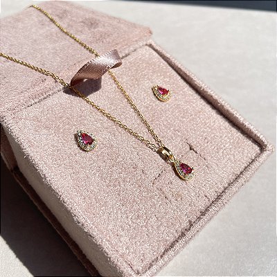 Conjunto Gota Classic Rubi Banhado a Ouro