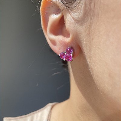 Brinco Coração Safira Rosa Banhado Ródio Branco