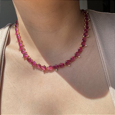 Colar Riviera Oval Safira Rosa Banhado a Ouro