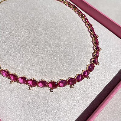 Colar Riviera Oval Safira Rosa Banhado a Ouro