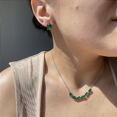 Conjunto Oval Esmeralda Banhado a Ródio Branco