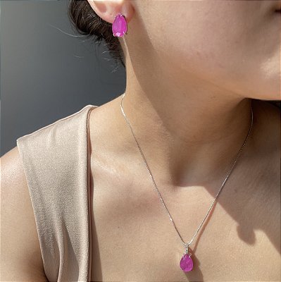 Conjunto Gota Fúcsia Fusion Banhado a Ródio Branco