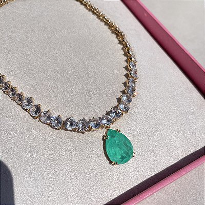 Colar Luxo Riviera Gota Turmalina Fusion Banhado a Ouro