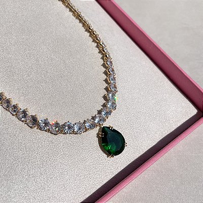 Colar Luxo Riviera Gota Esmeralda Banhado a Ouro