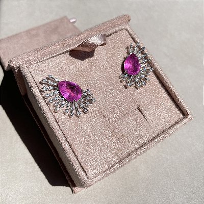 Brinco Ear Cuff Gota Pink Fusion Banhado a Ródio Branco
